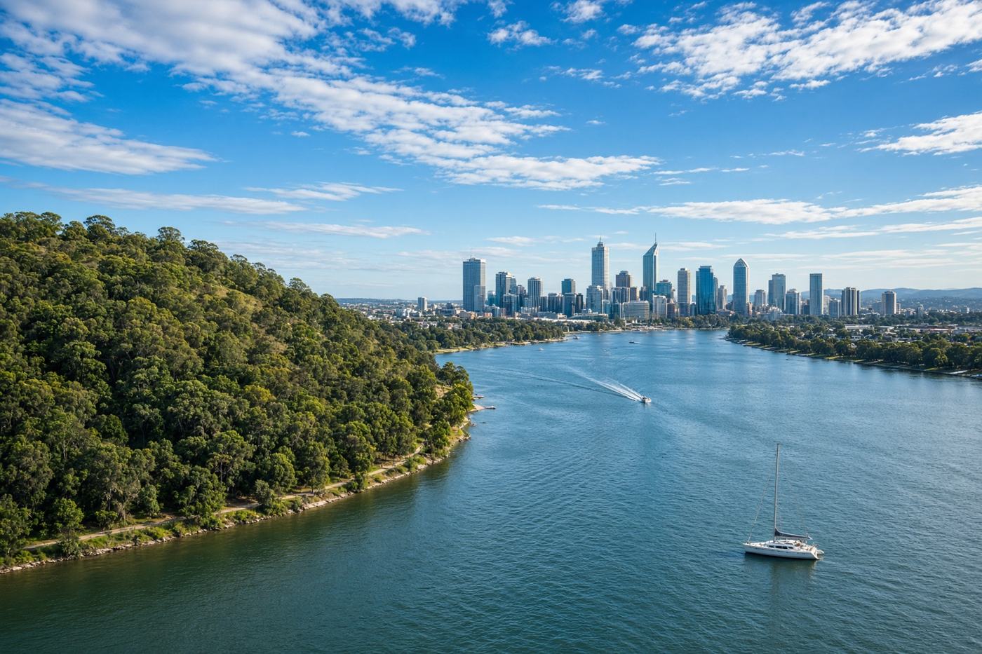 Swan River winding past the Perth city skyline